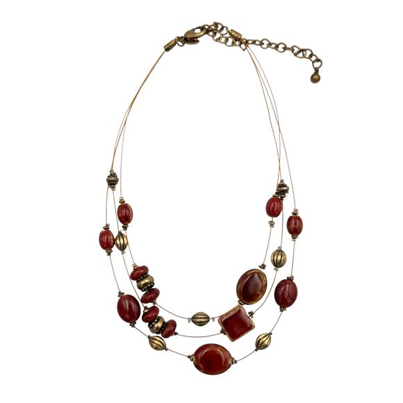 Chico’s Red Stone Gold Tone Beaded Illusion Wire Multi Strand Short Necklace - Picture 1 of 8
